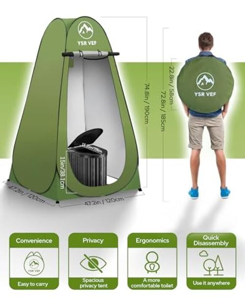 Camping Toilet with Pop-Up Privacy Tent and Liquid Black Toilet and Green Tent