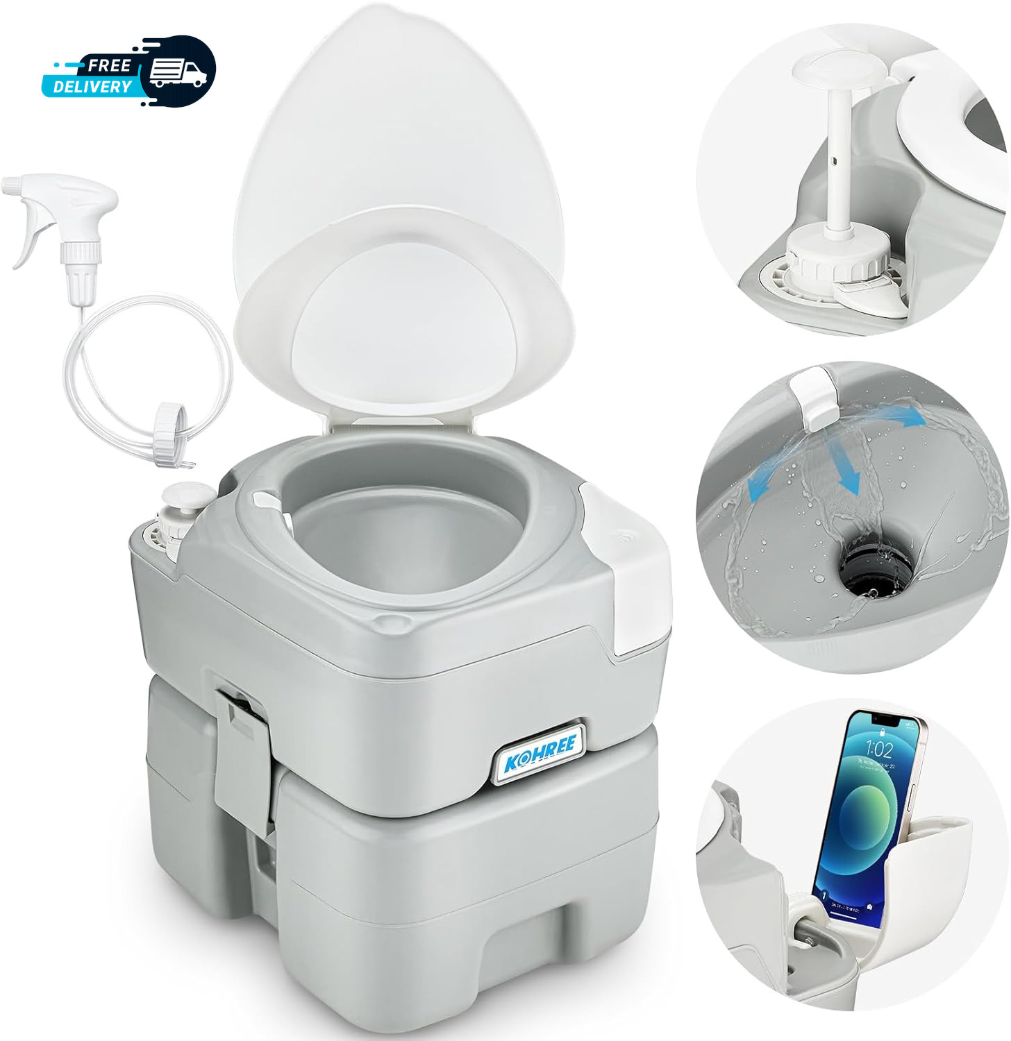 Camping Toilet Portable 5.3 Gal: 20L Porta Potty for Adults with Diagonal Elonga