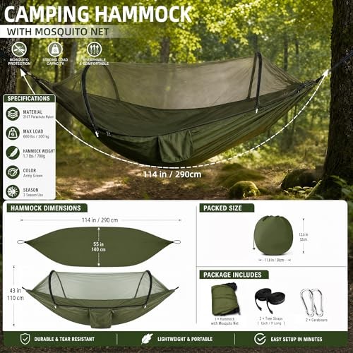 Ultra-Light Travel Camping Hammock with Pop-up Bug Net Hammock, Army Green