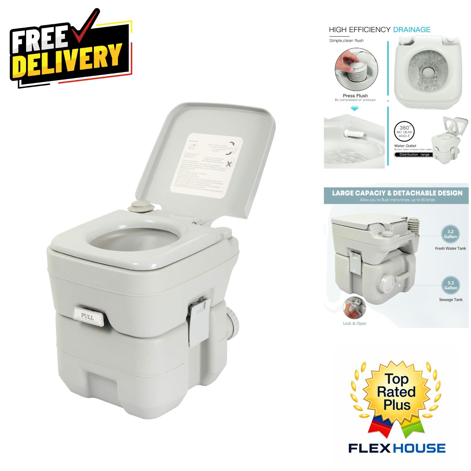 Upgraded Flush Portable Toilet – 5.3 Gallon for Home, RV, and Outdoor Use