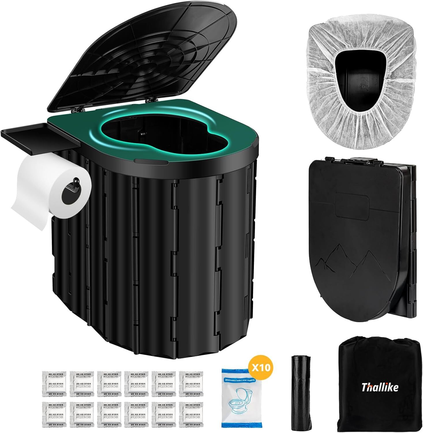 Portable Folding Camping Toilet with Lid and Retractable Toilet Paper Holder US