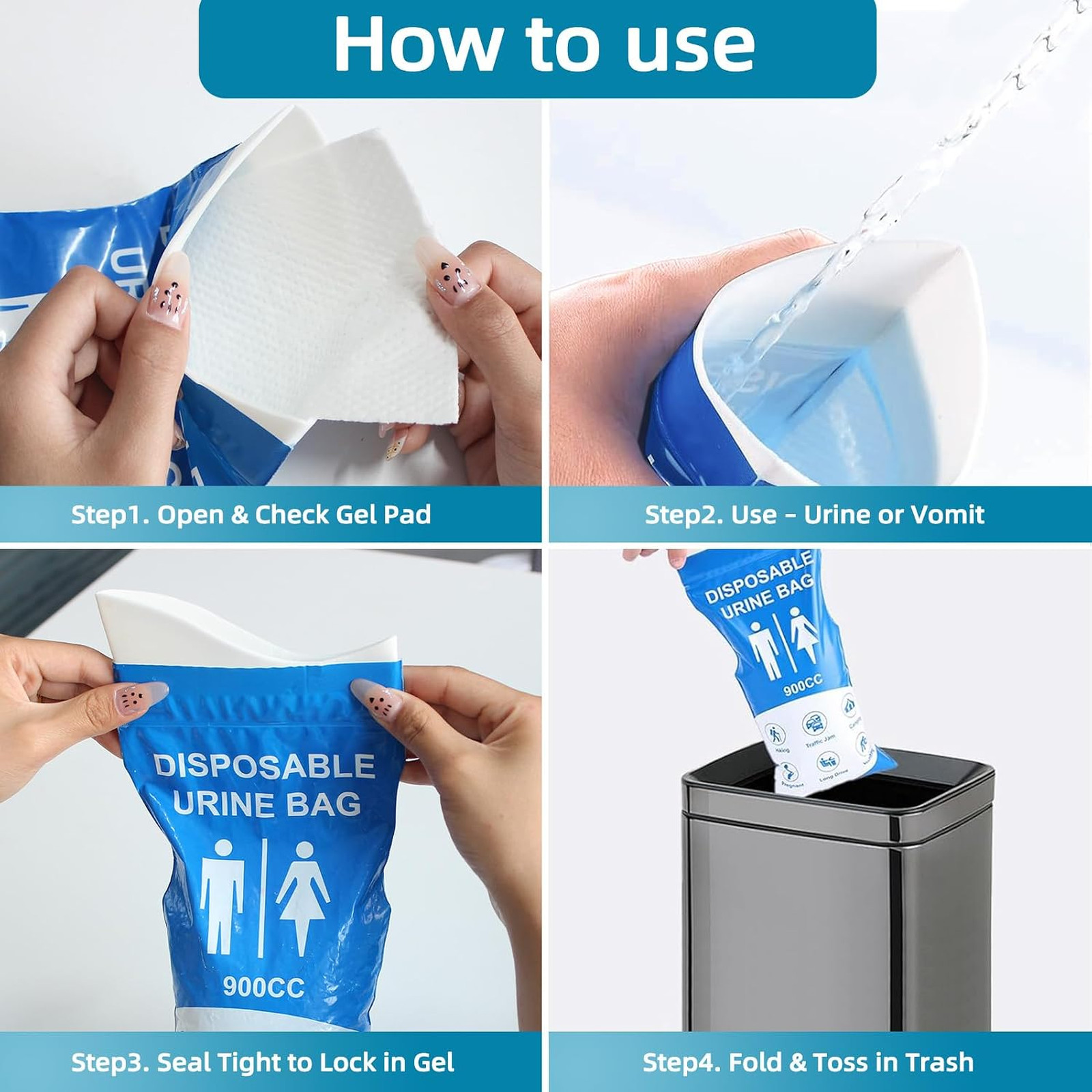 Disposable Urine Bags 900ml Unisex Leak-Proof Travel Emergency Relief for Adults