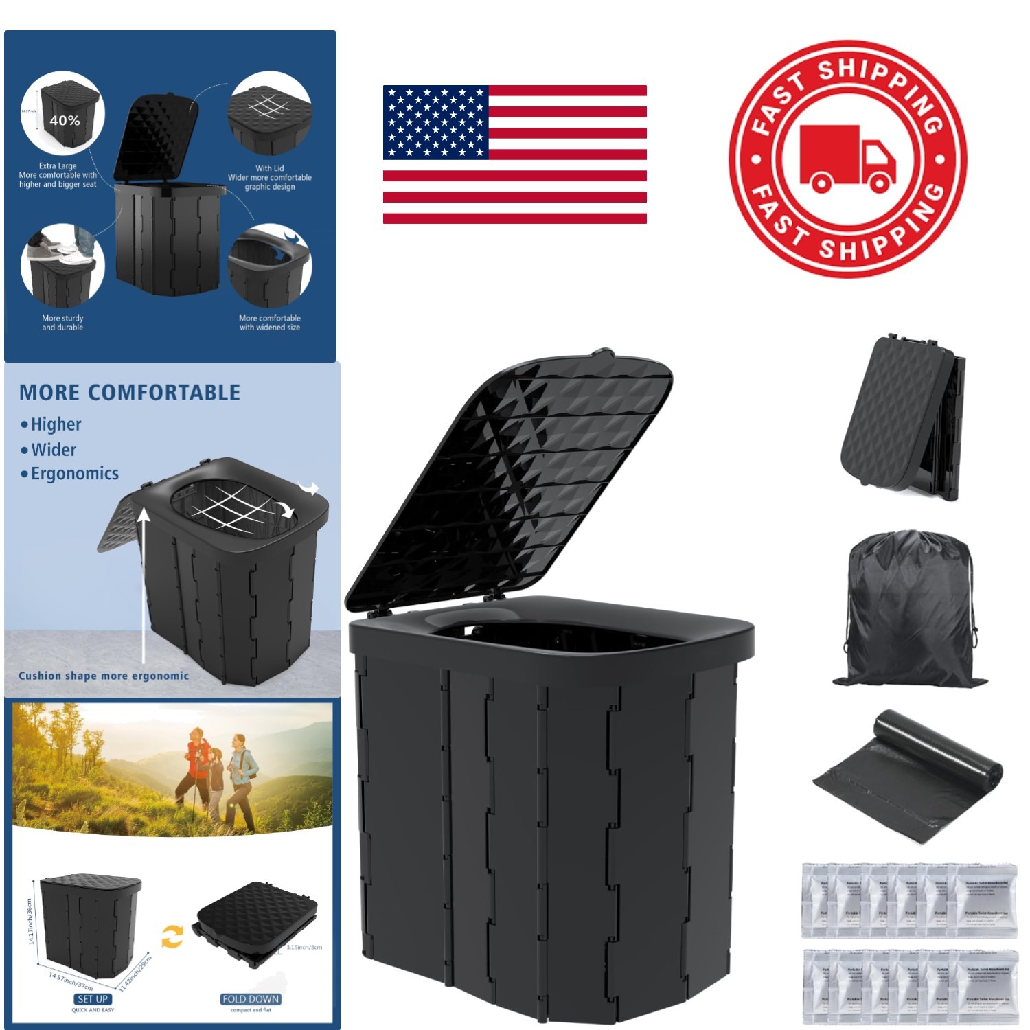 Lightweight Portable Toilet 14.57 Inch Height Durable Plastic for Outdoors