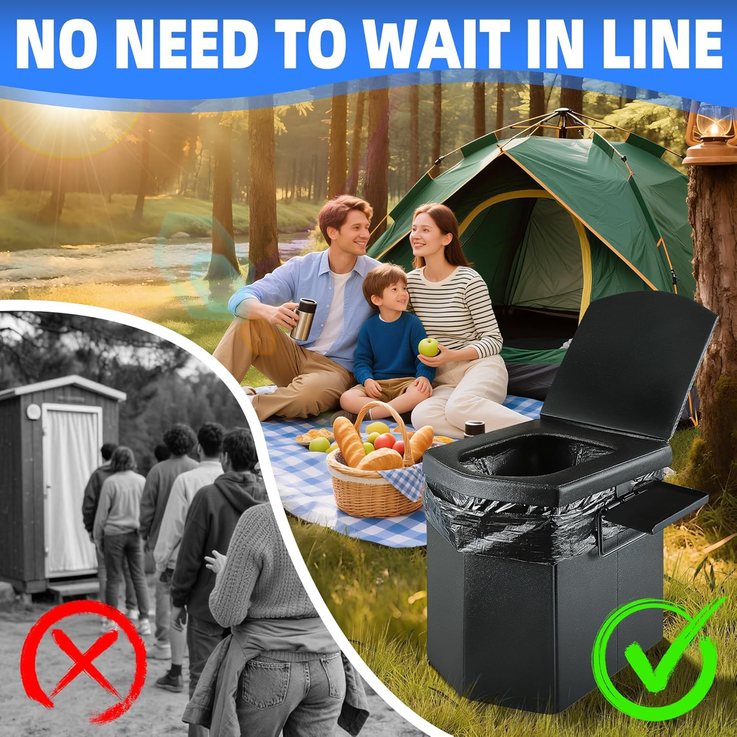 Portable Toilet for Adults, Upgraded 16.5” Tall Camping Toilet with Lid, Portab