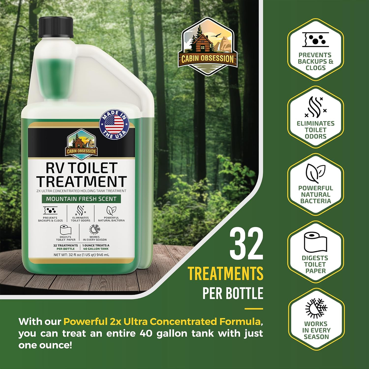 RV Toilet Treatment (32 Oz) – 2X Ultra Concentrated Liquid RV Black Tank Treatme