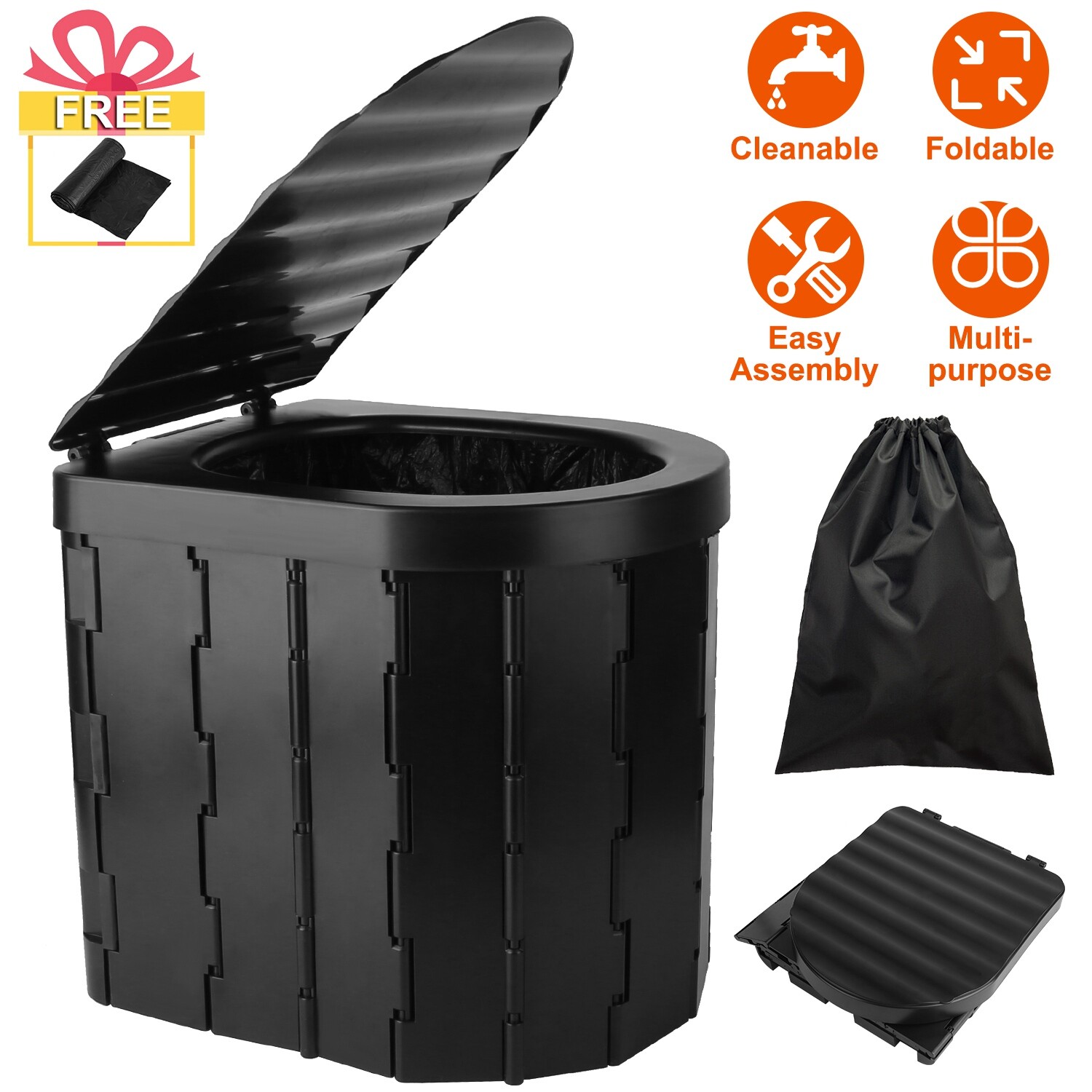 Portable Camping Toilet Foldable Potty Outdoor Emergency with Lid for Adult