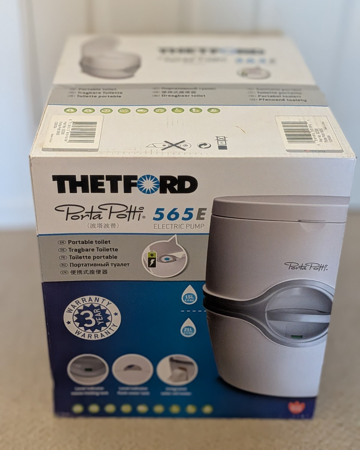 Thetford Porta Potti 565E Portable Camping Toilet, Electric Pump, White/Gray