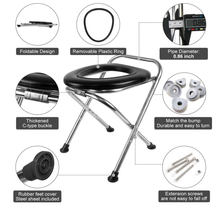Inodoro portátil plegable acero 350 lb con asiento suave para camping y viajes