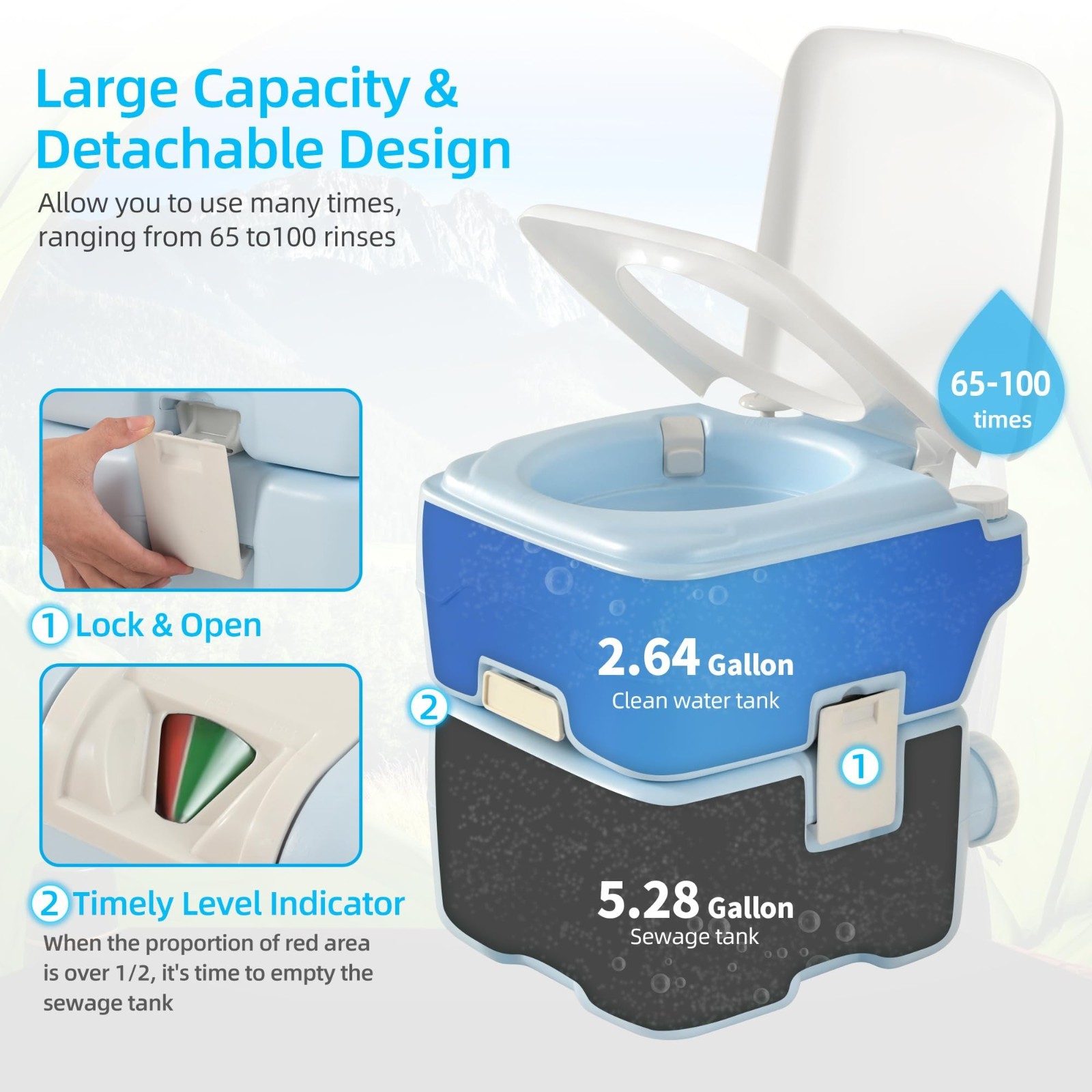 Portable Toilet 5.28 Gallon Camping Porta Potty, Diagonal Bowl, Hand Sprayer, Pr
