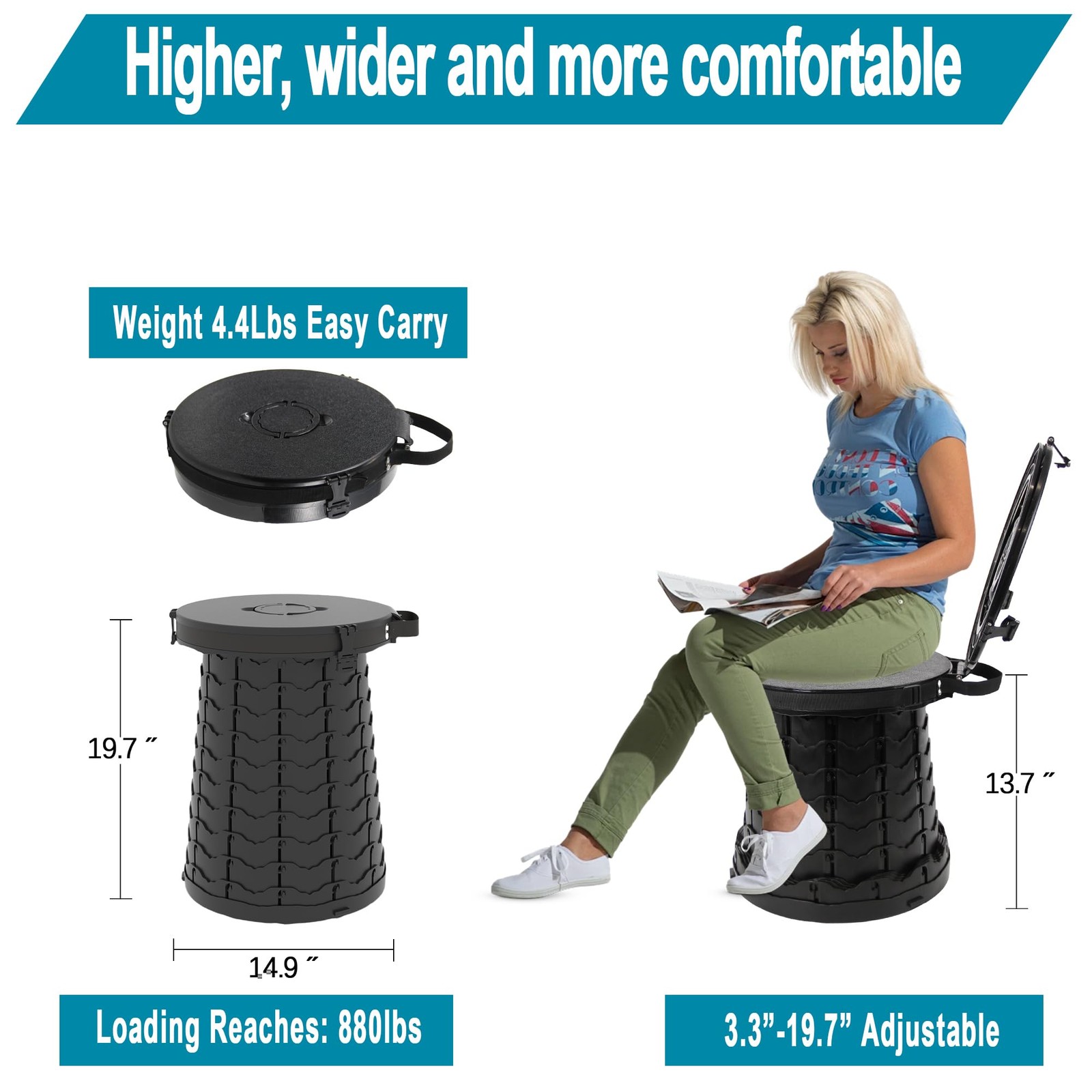 XXL Portable Toilet – 19.7″H Taller Wider Collapsible Adjustable Foldable Cam…