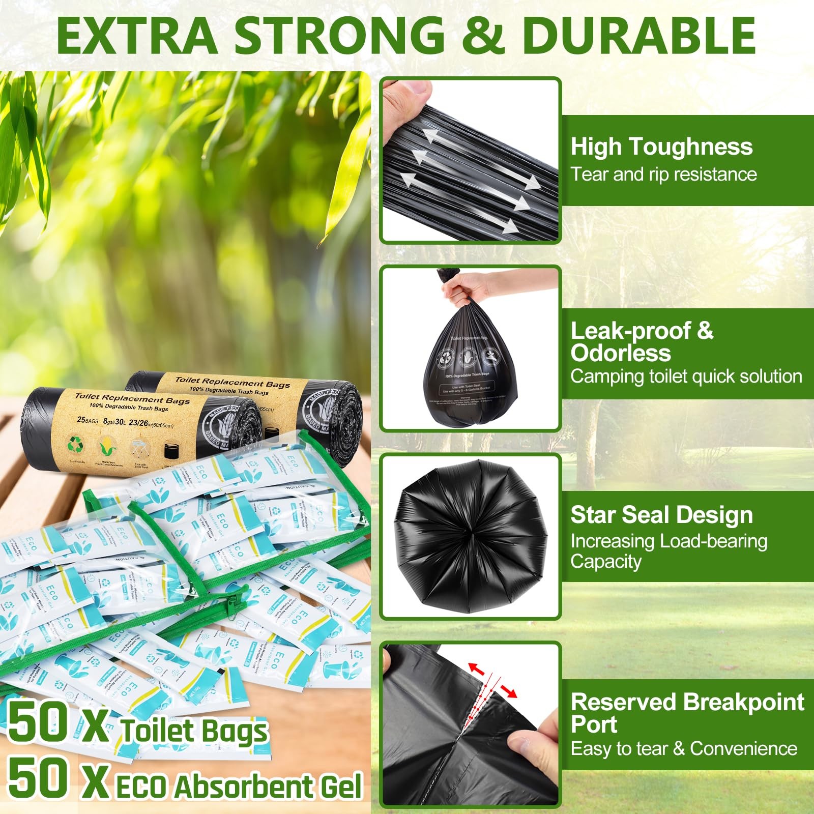 50 Count Camping Toilet Bags Eco Absorbent Gel Set, Portable Toilet Bags with…