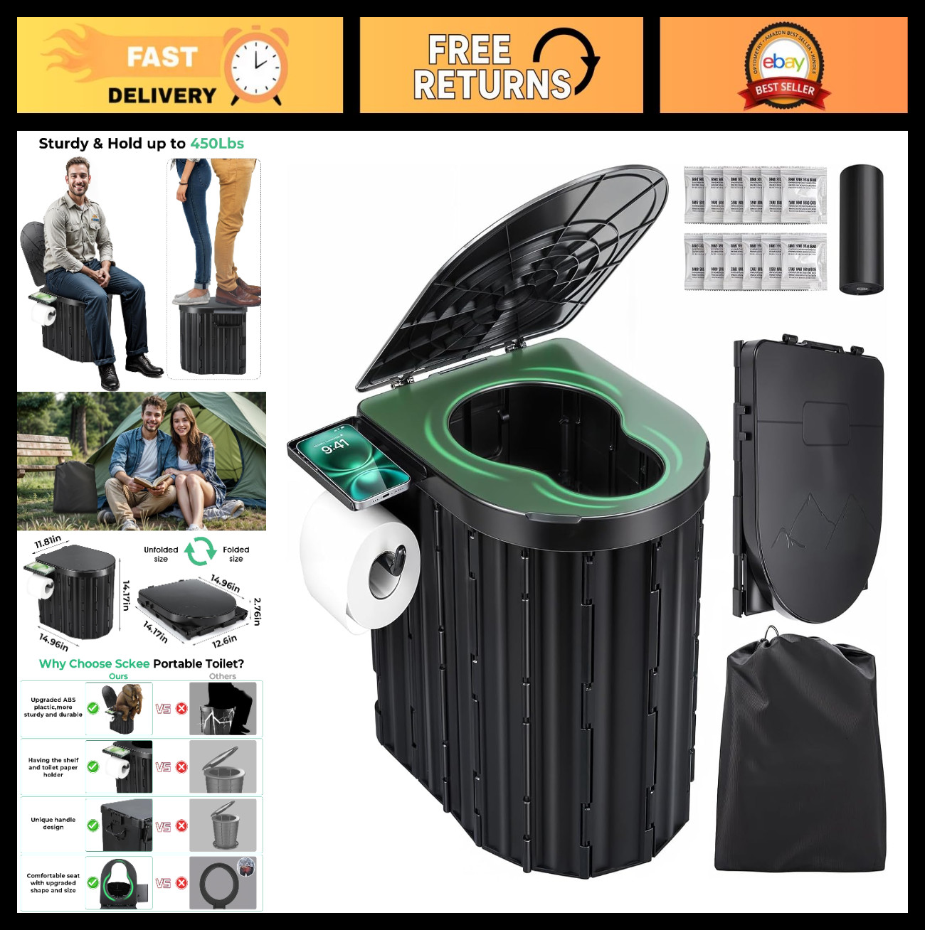 Portable Camping Toilet – Compact Folding Travel Potty with Lid & Paper Holder f