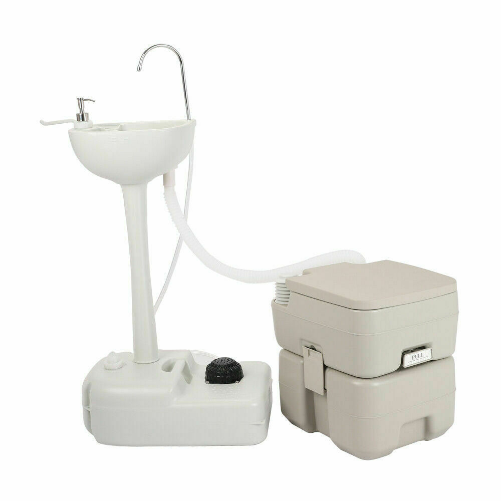 Portable Outdoor Hand Sink w/ RV Camper Gravity Pedal Flush Toilet For Boat Camp