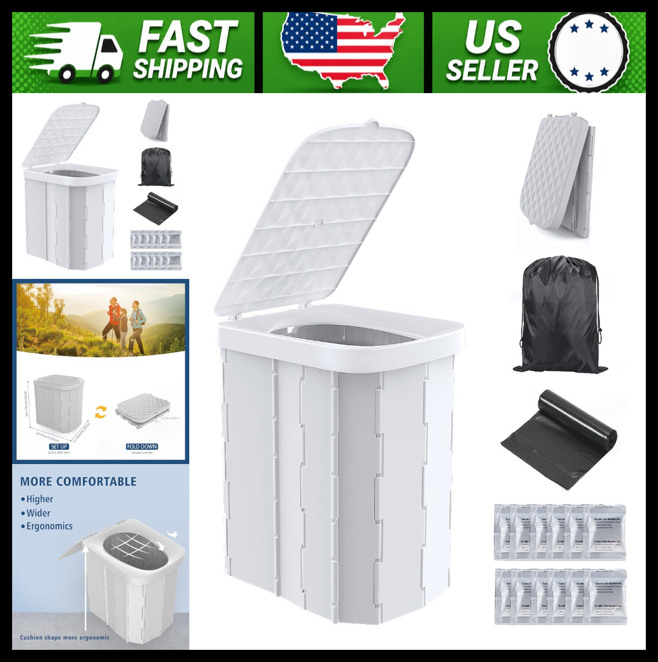 Portable Folding Camping Toilet for Adults XL with Lid, Grey