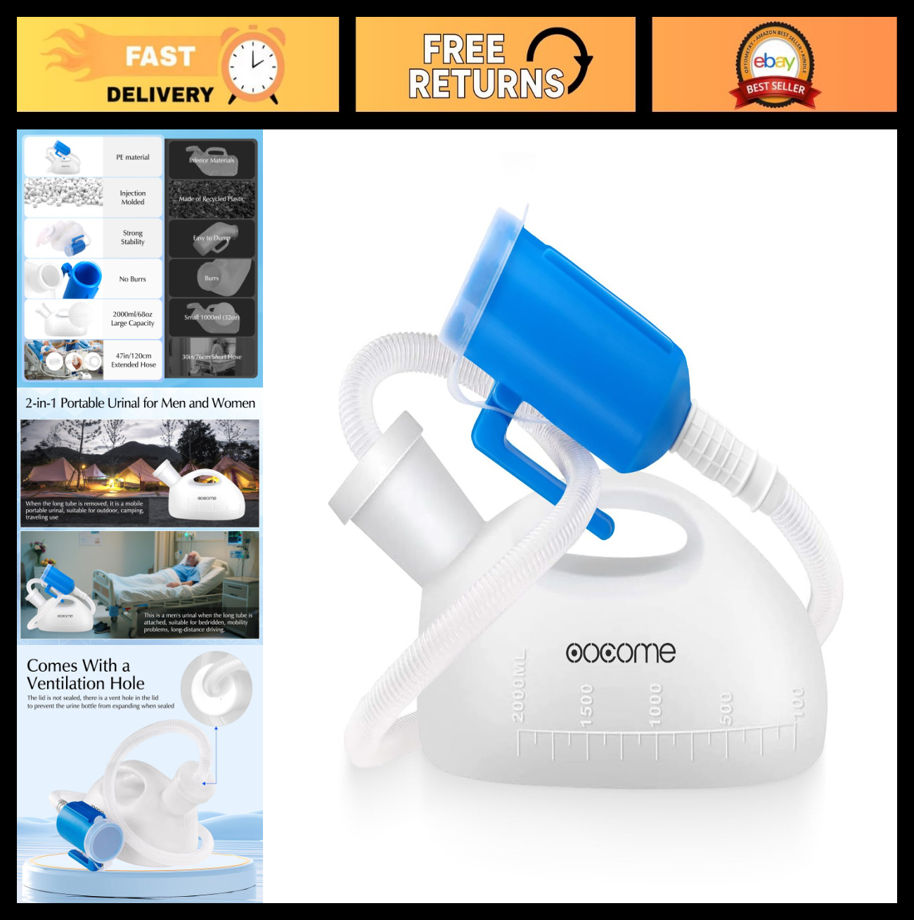 Portable Urinals for Men – Spill Proof Reusable Pee Bottle, 2000ml with Long Tub