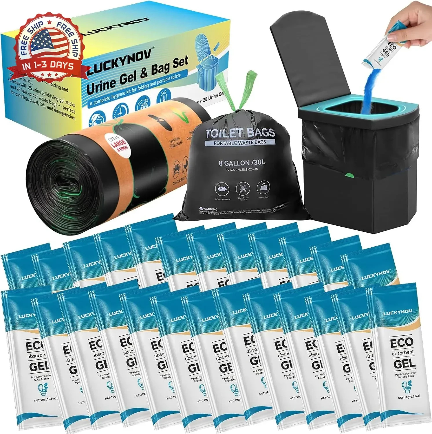 25 Portable Toilet Bags with 25 Poo Gels, 8 Gallon Leak-Proof Camping Toilet Was