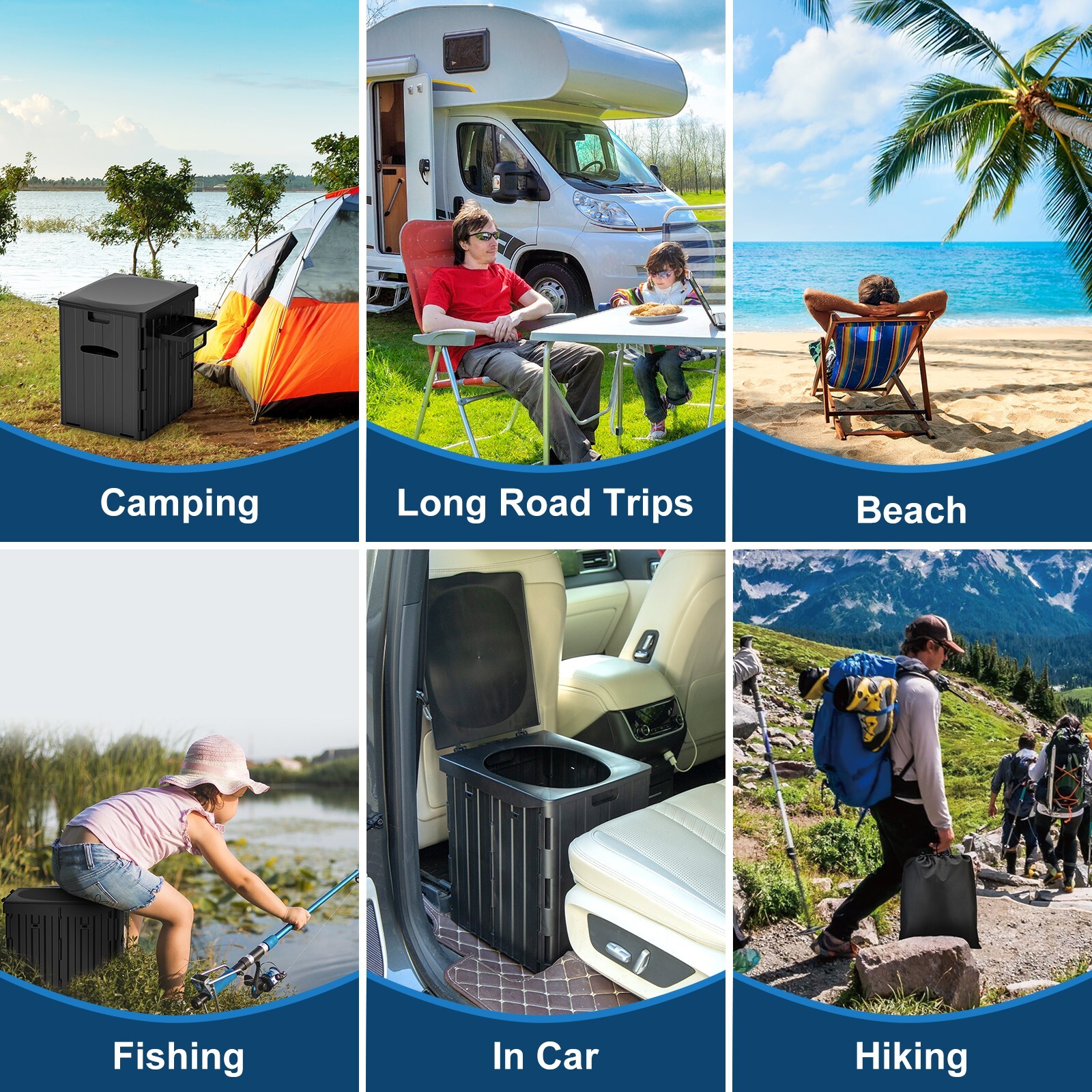 XL Foldable Portable Camping Toilet with Detachable Phone Shelf and Paper Holder