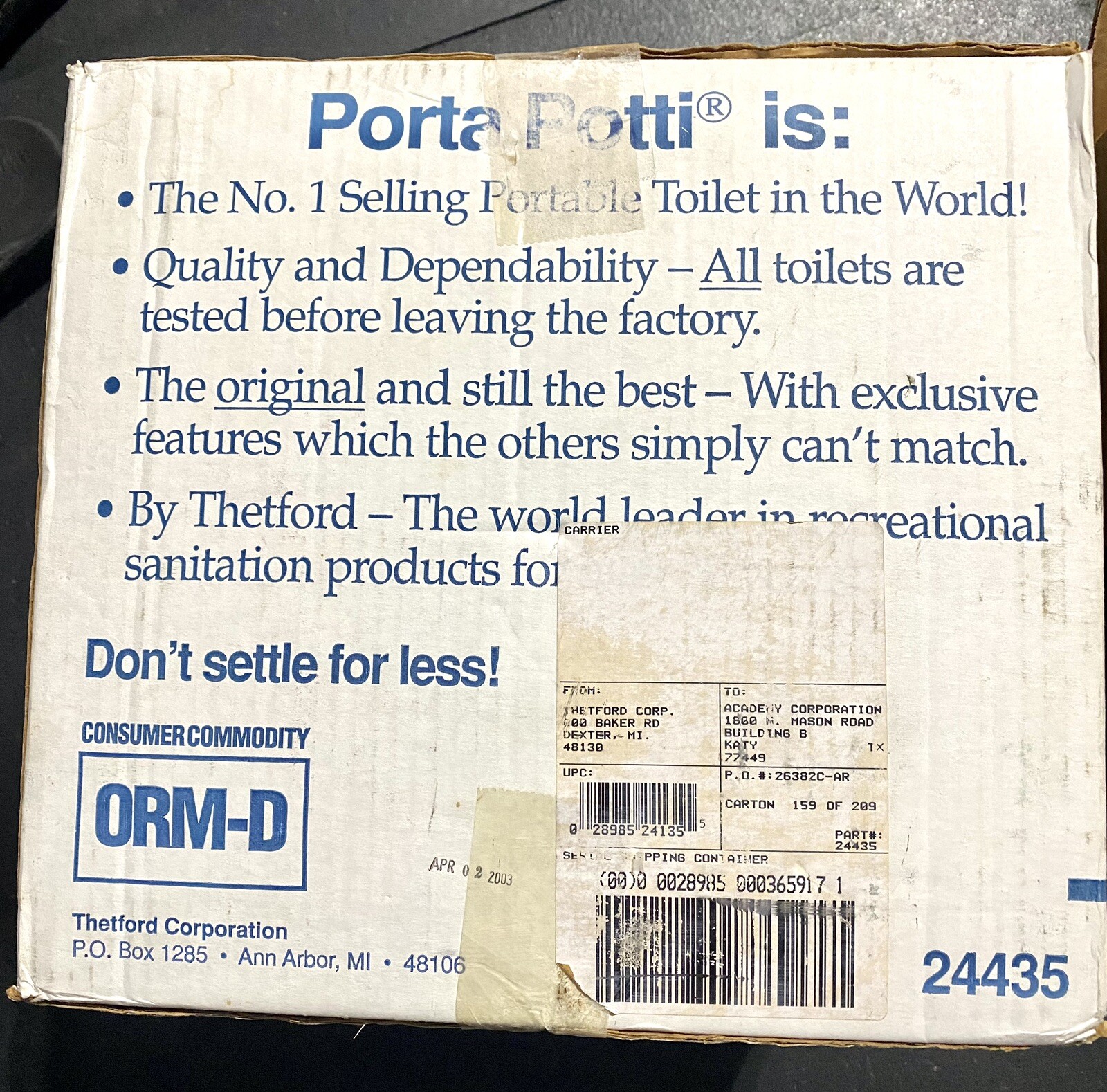 Thetford Camping Porta Potti 135 Sanitized in Box w 32 Oz Camp Chem Used 2X