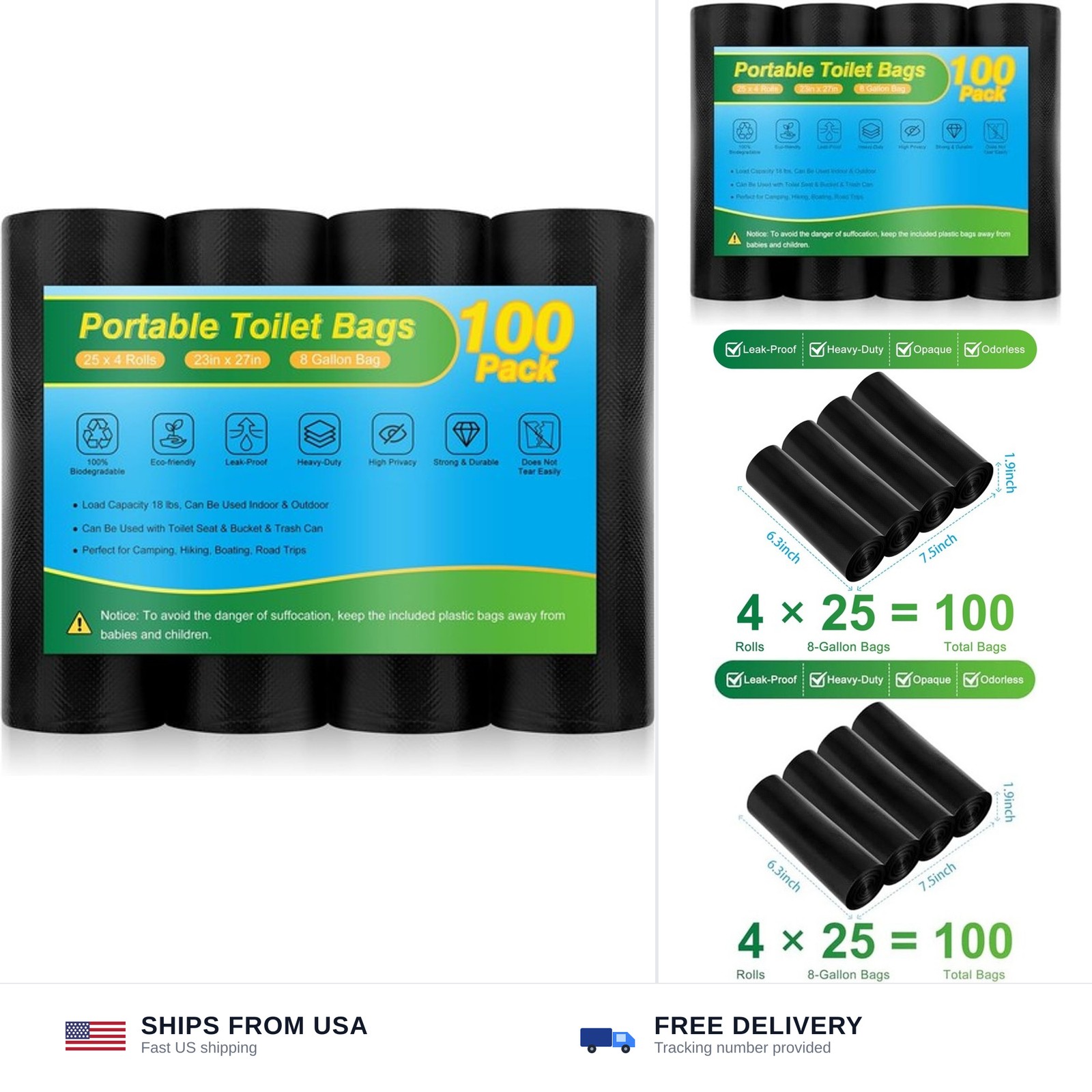 Portable Toilet Bags – 8 Gallon Camping Toilet Bags, Biodegradable Travel Pot…