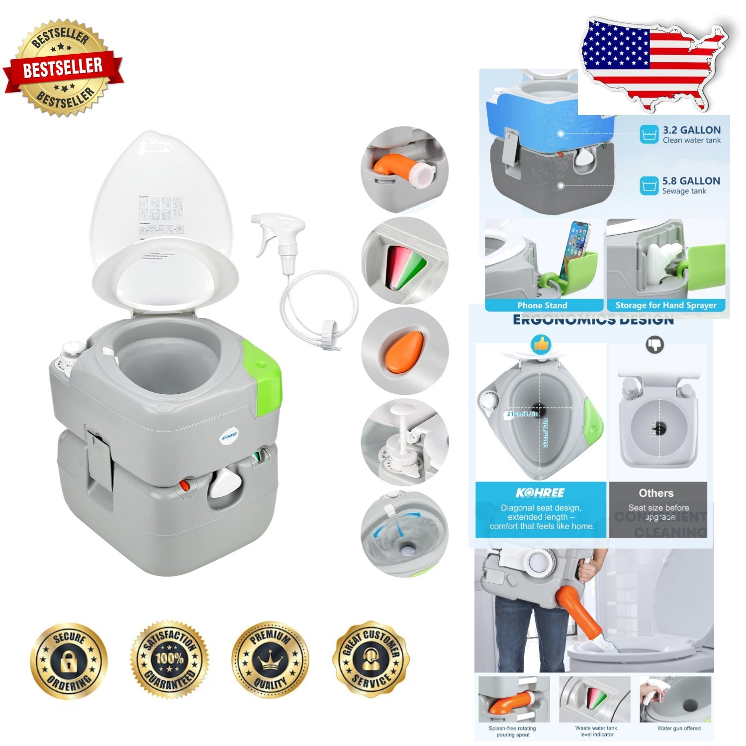 Portable Camping Toilet 5.8 Gal Adult RV Porta Potty Elongated Seat Leak-Proof