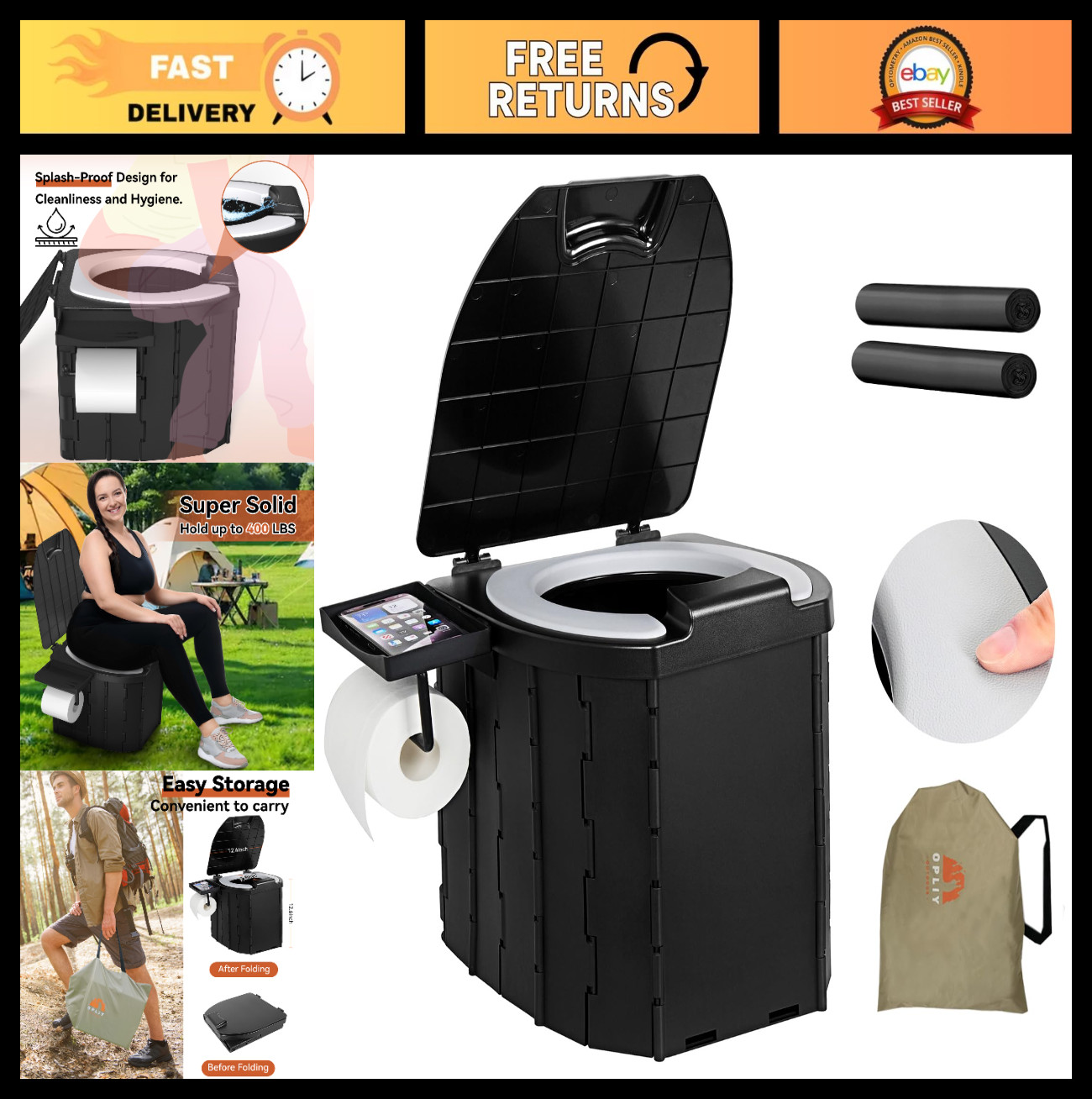 Portable Camping Toilet – Upgraded Soft Seat with Paper Holder for Travel, Emerg