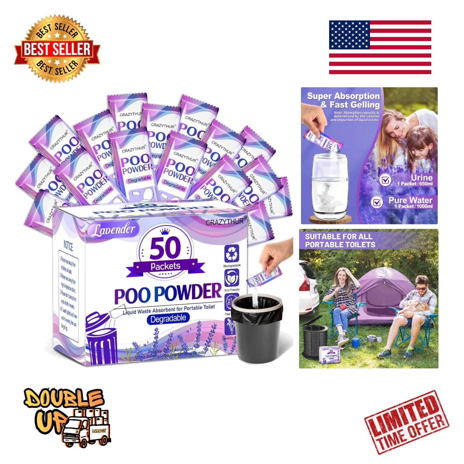 Portable Toilet Gel, Poo Powder for Portable Toilet, Camping Toilet Gel, Pee Pow