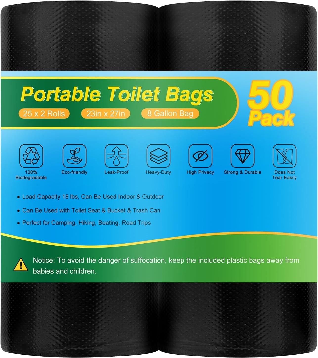 Eco-Friendly 8 Gallon Camping Toilet Bags – 50 Pack Heavy Duty, Versatile Use