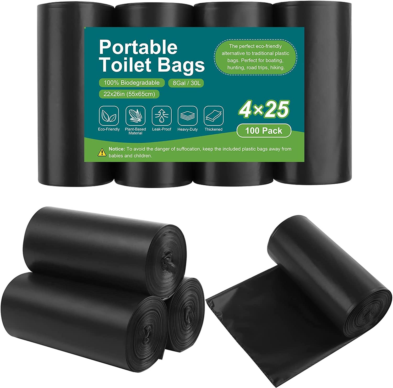 100 Portable Toilet Bags, Drawstring Biodegradable Camping Potty Bags 8 Gallon W