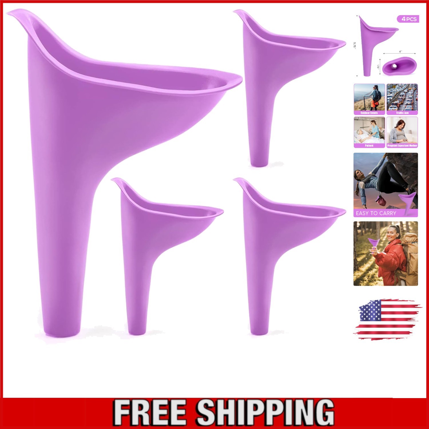4PCS Portable Female Urinal Funnels: Travel-Ready Pee Device in Purple