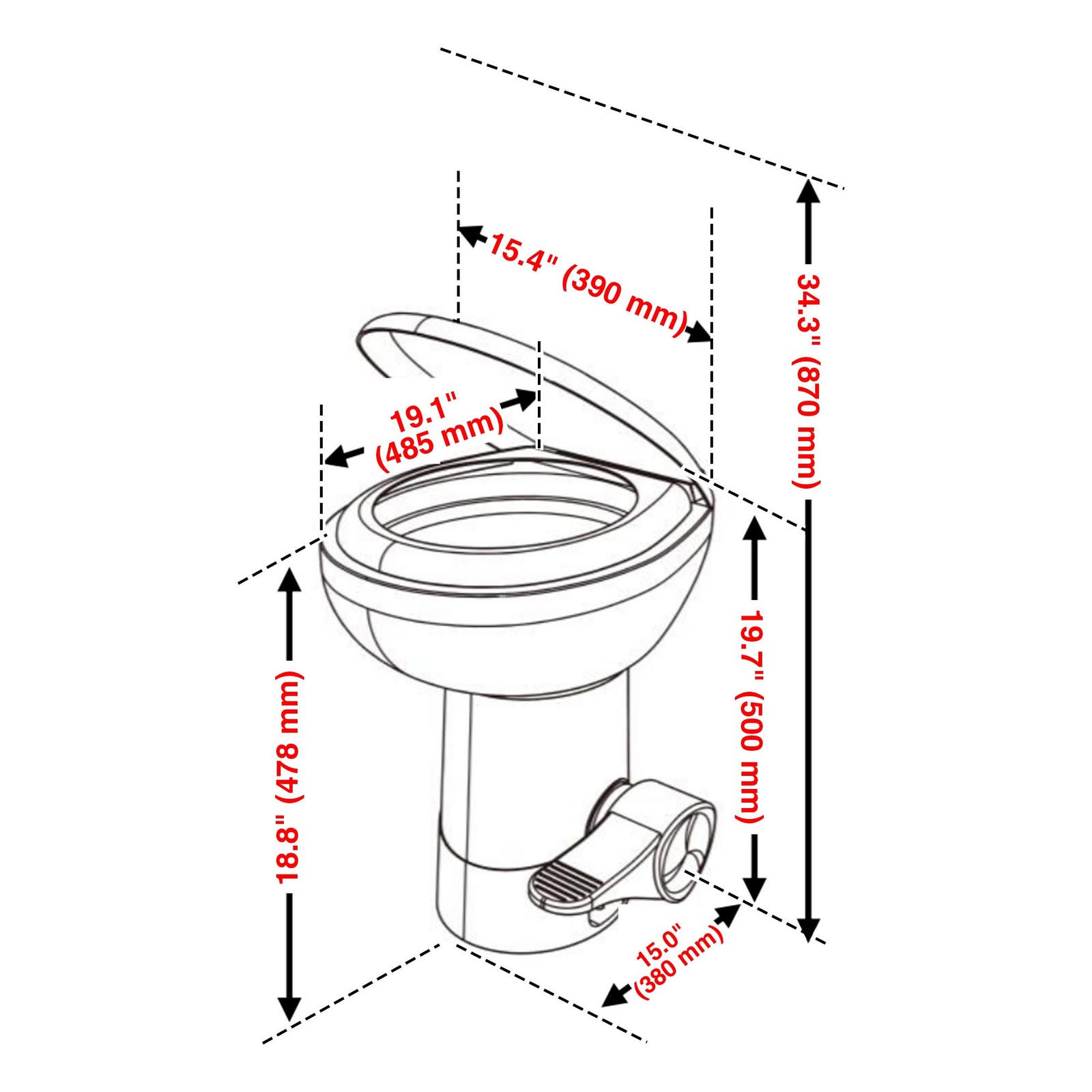 20″ Gravity Flush Toilet RV Camper Foot Pedal for Vehicle Boat Caraven Camping