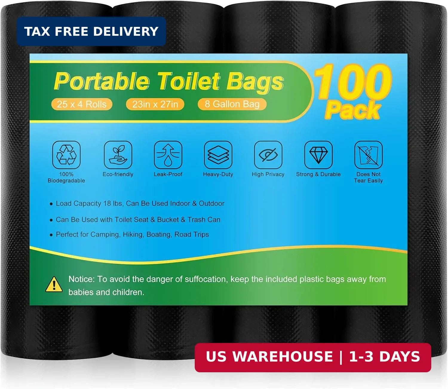 Portable Toilet Bags – 8 Gallon Camping Toilet Bags, Biodegradable Travel Potty