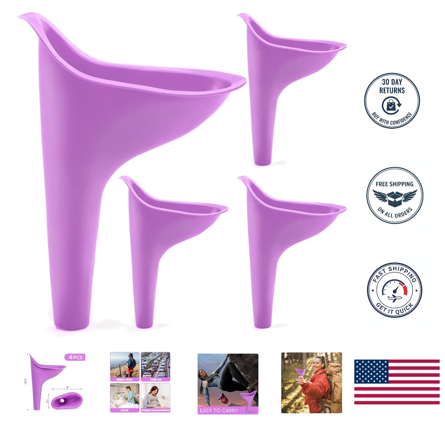 4PCS Purple Female Urinal Funnels – Portable Pee Device for Travel & Hiking
