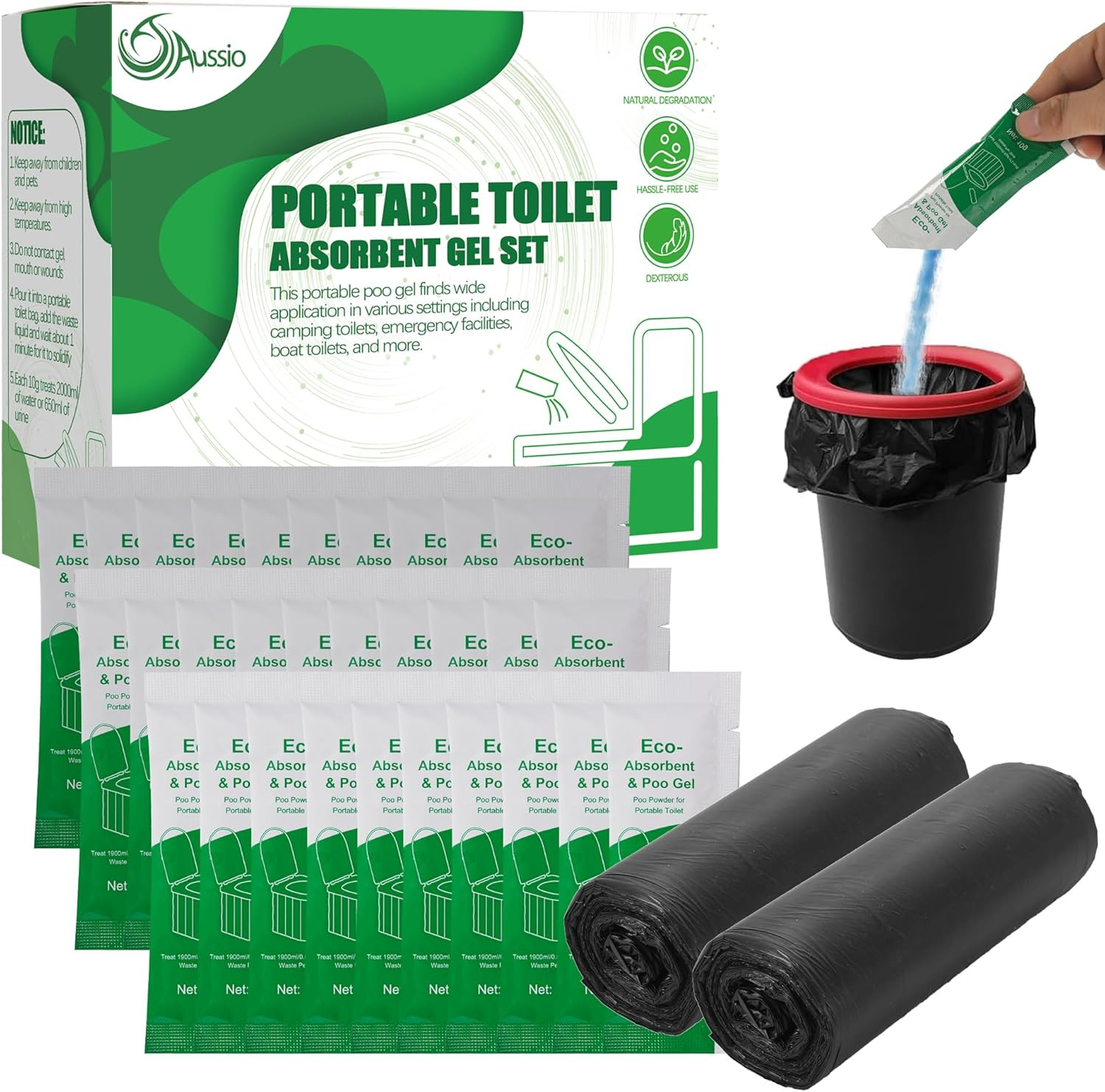 Portable Toilet Absorbent Gel with Camping Toilet Bags, Poo Urine Powder for Hik