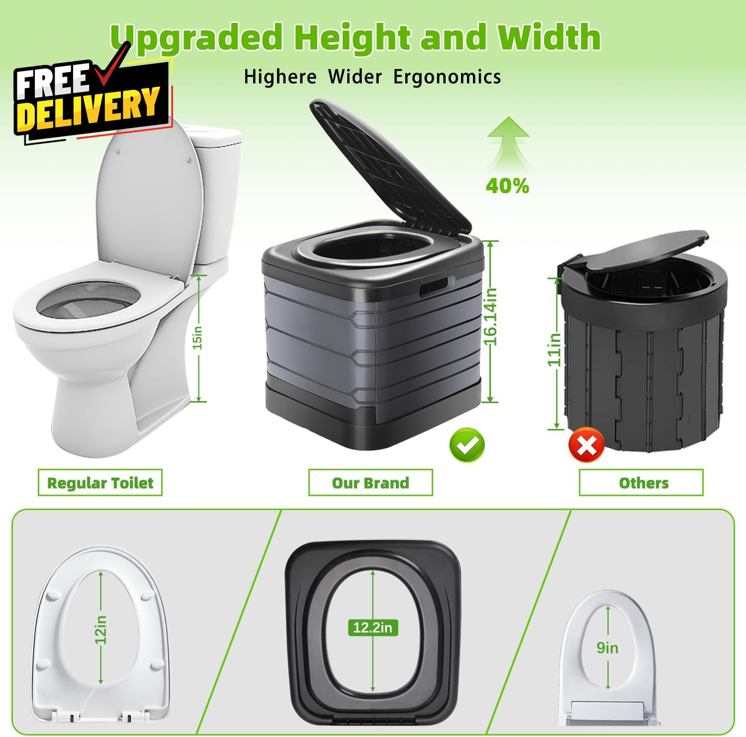 XXL Portable Toilet for Adults 16 Tall Camping Toilet with Lid and Carry Bag H..