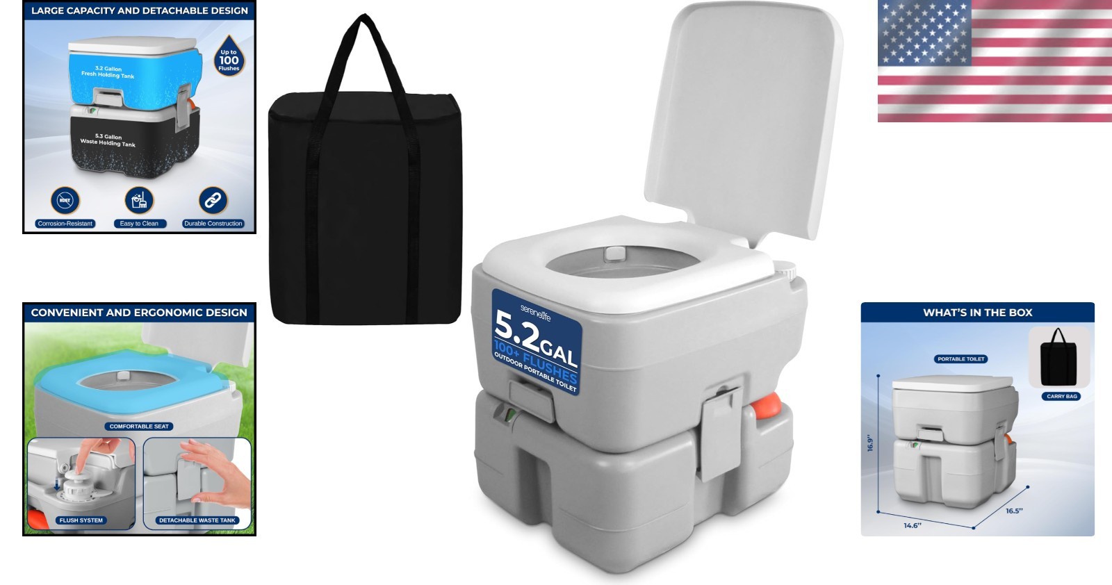 Camping Portable Toilet 5.3 Gallon Leak Proof Flush System for Outdoor Use