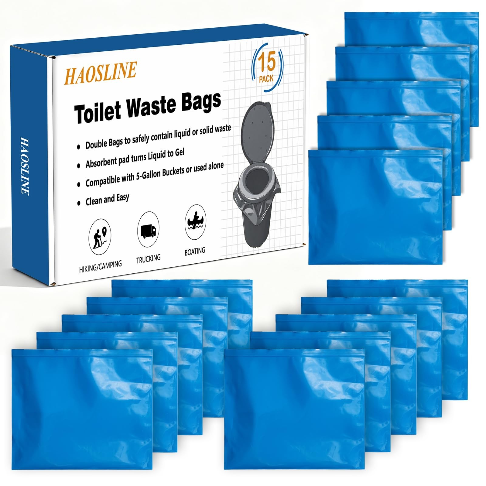 15 Pack Toilet Waste Bags Double Bag & Absorbent Pad for Outdoor