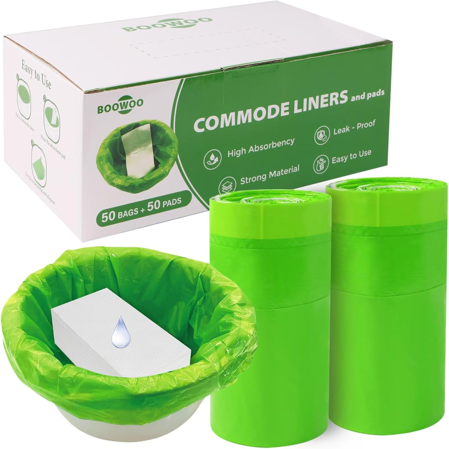Commode Liners with Absorbent Pad, Universal Fit for Commode/Camping Toilet | 50