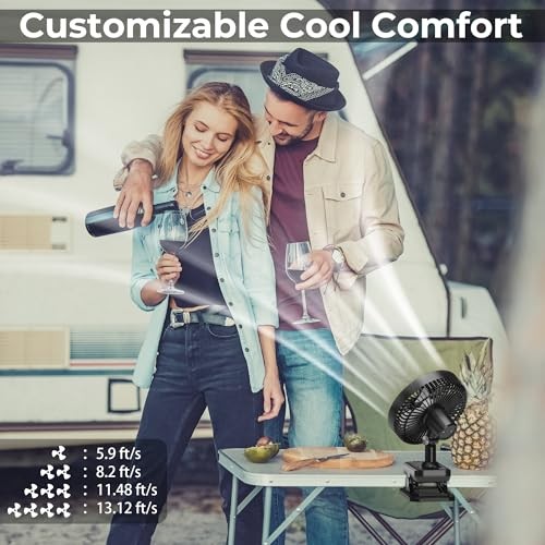 10000mAh Clip On Fan, 42H Run, Quiet & Auto Oscillating Table Black (No Light)