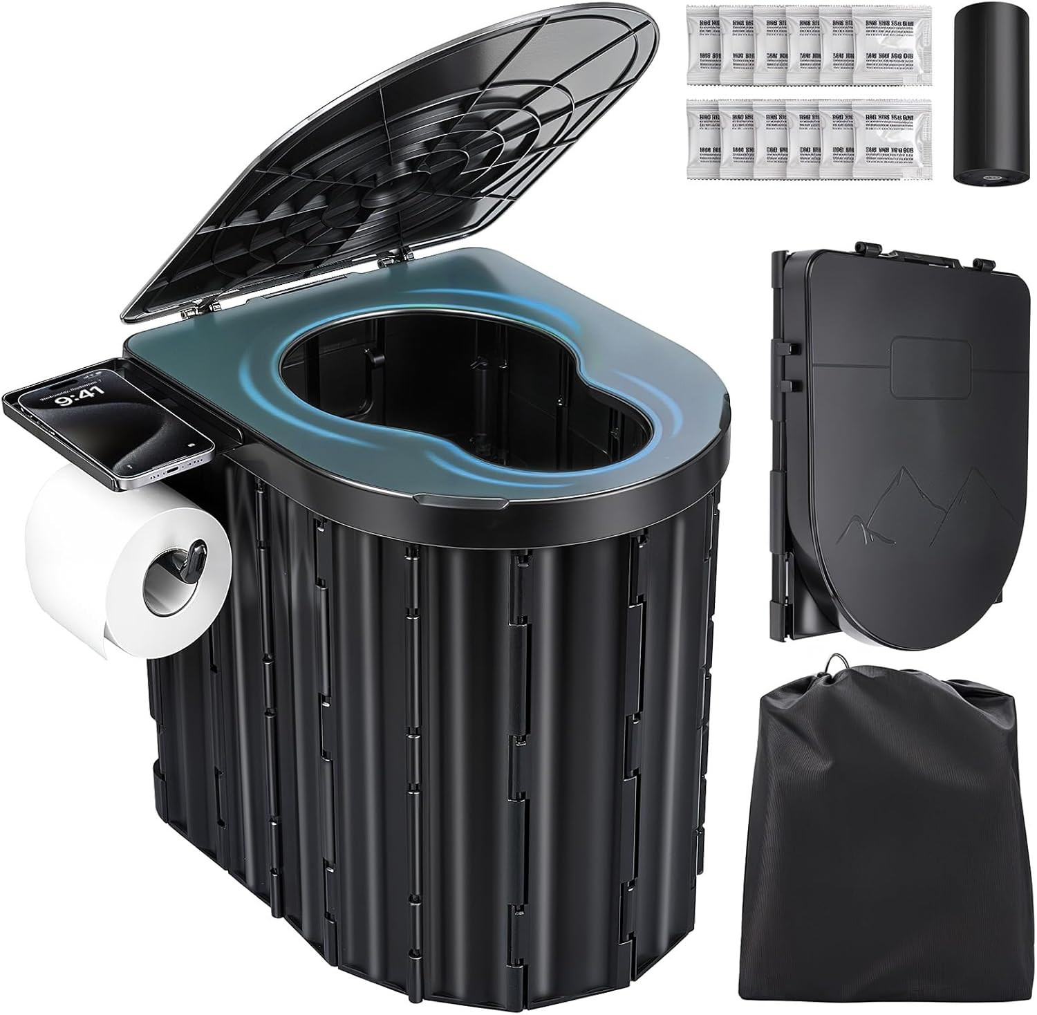 Portable Toilet for Adults, Foldable Plastic Toilet, with Lid and Paper Holder T