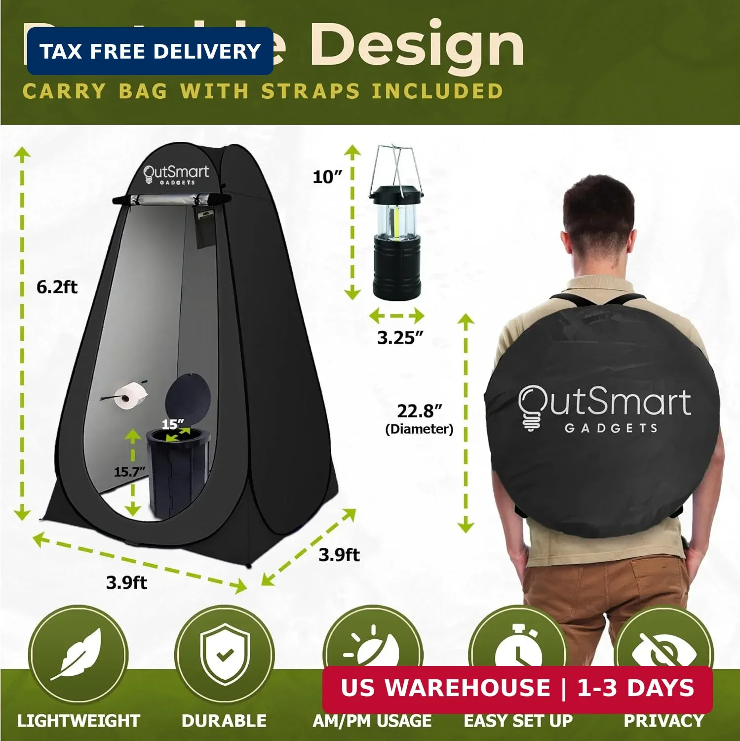 Outsmart Gadgets Outdoor Portable Toilet Set for Adults with Camping Night Lante