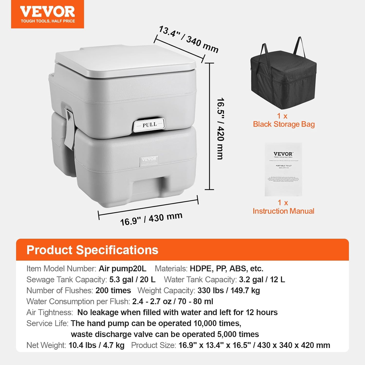Portable Toilet for Camping, RV Toilet with Carry Bag, 5.3 Gal Waste Tank & 3.2