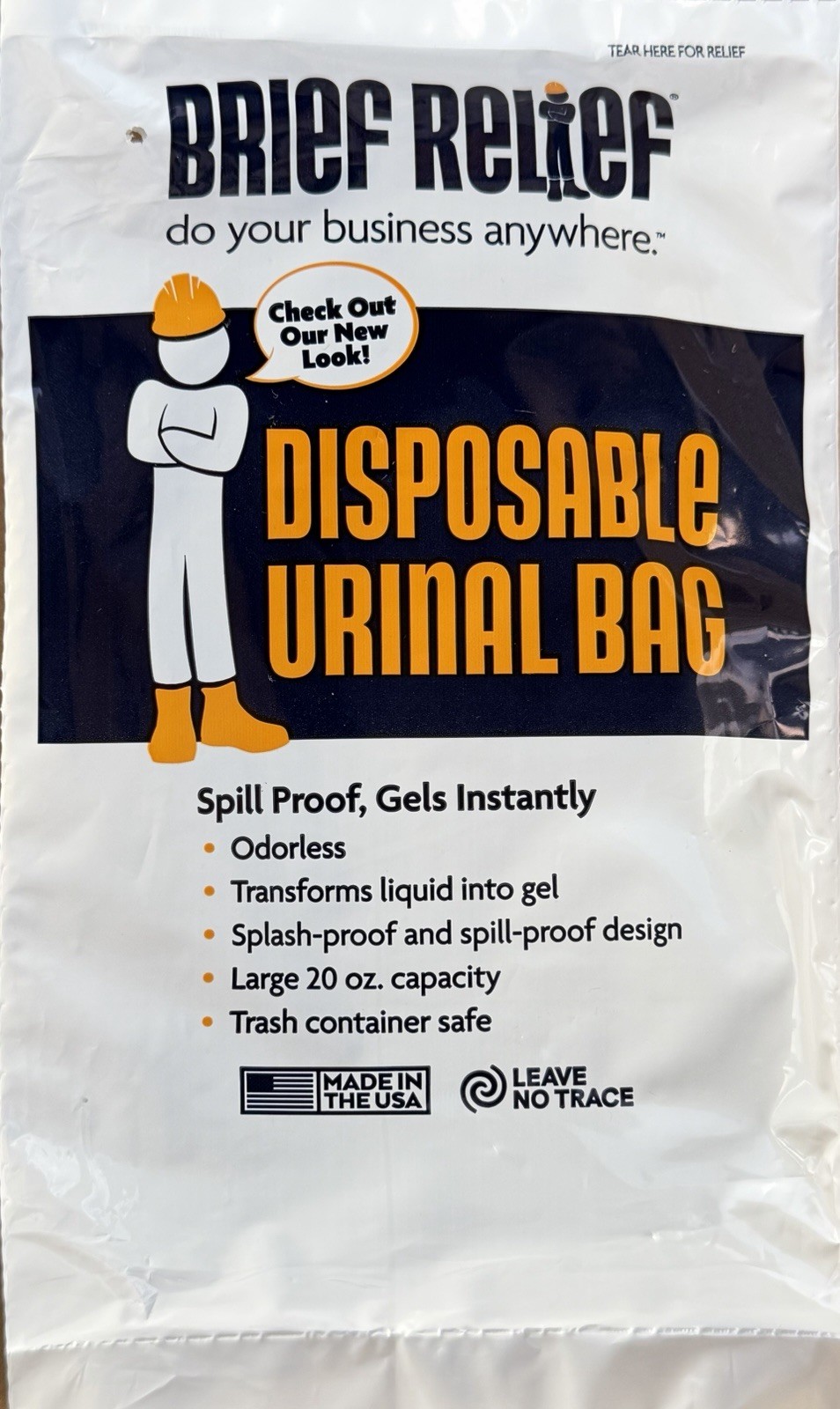 10-PK! Brief Relief Disposable Urinal Bag, Leave No Trace (Lot of 10)!
