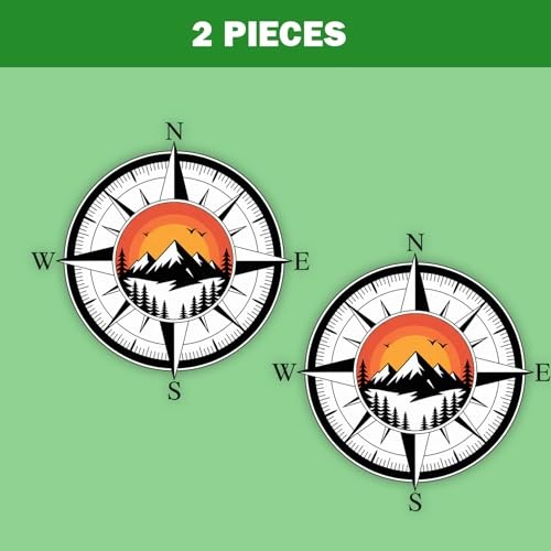 2 Pcs Compass Mountain Sunset Bumper Sticker UV DTF Decal Adventure Travel