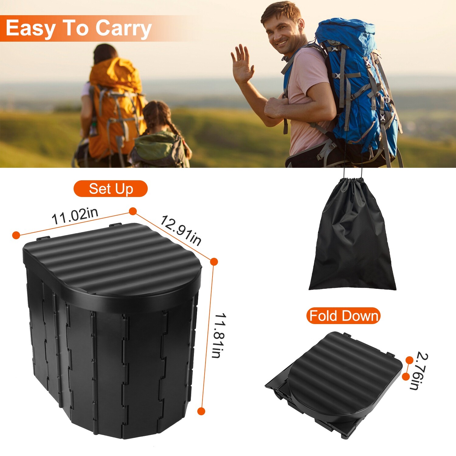 Portable Toilet for Adults Foldable Camping Potty with Lid Carry Bag Garbage Bag