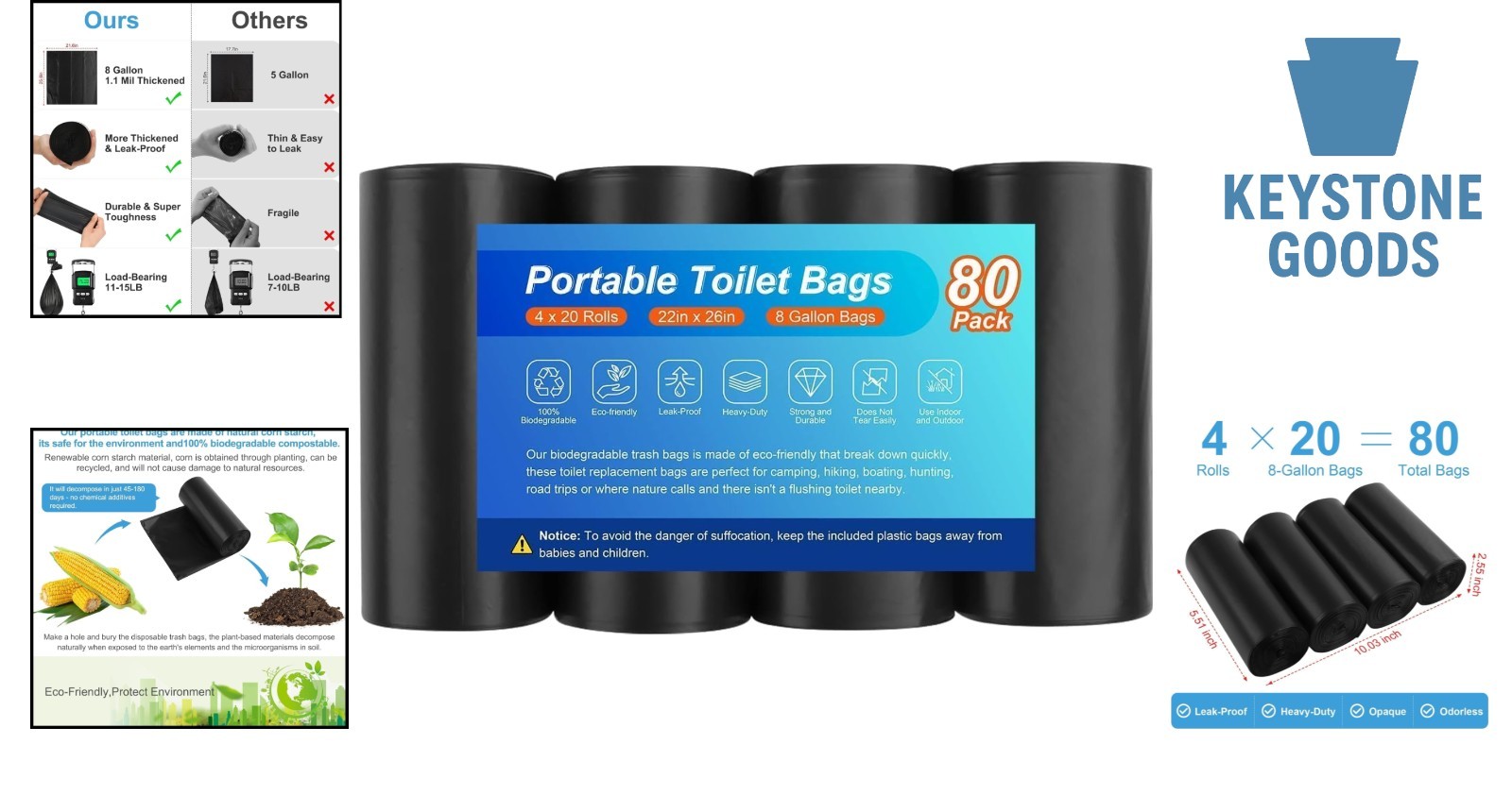 80 Pack Biodegradable Camping Toilet Bags – 8 Gallon, Leak-Proof, Compostable…