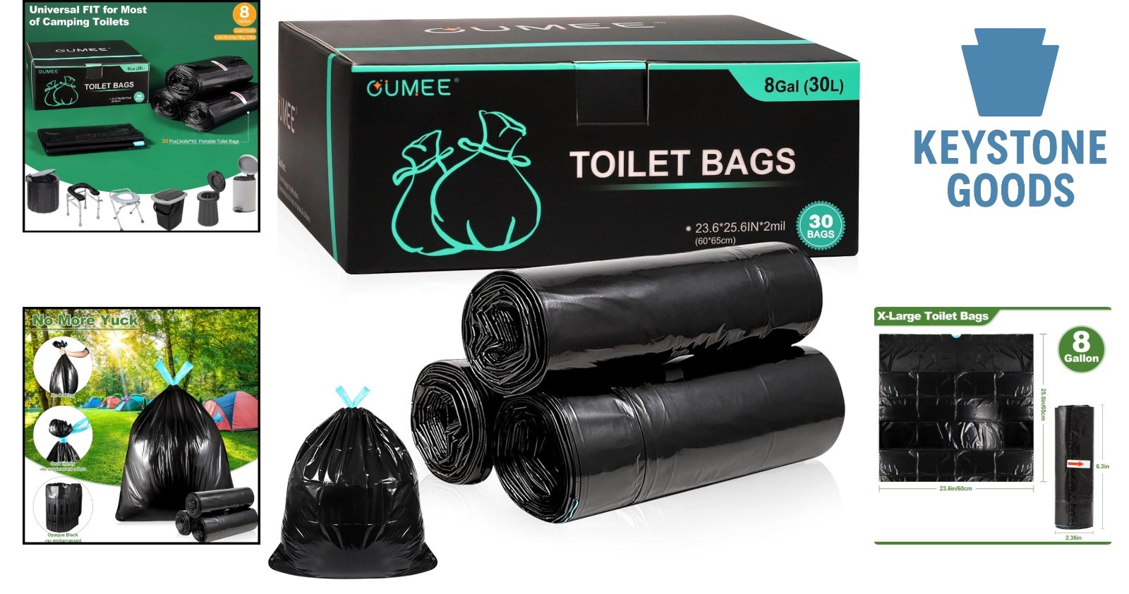 30 Pack Heavy Duty Camping Toilet Bags, Leak-Proof, 8 Gallon Capacity