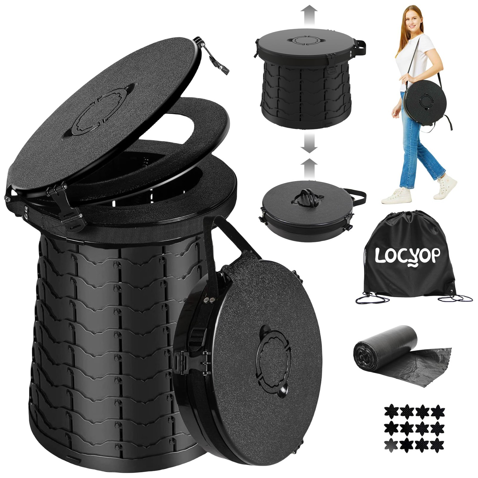 XXL Portable Toilet for Camping,19.7″H Adjustable Folding Toilet with Lid,Car…