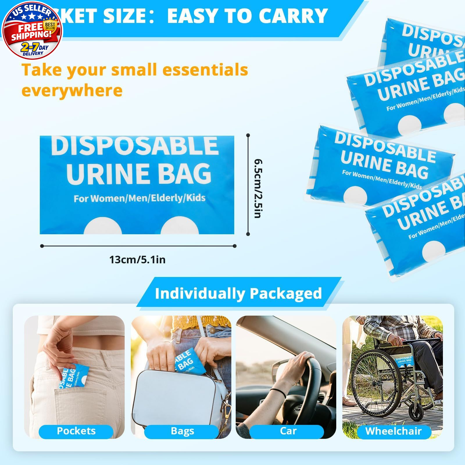 HOKINETY Disposable Urine Bag for Travel – 900ML 9.1″x5.4″x1.4″(6-Pack), Blue