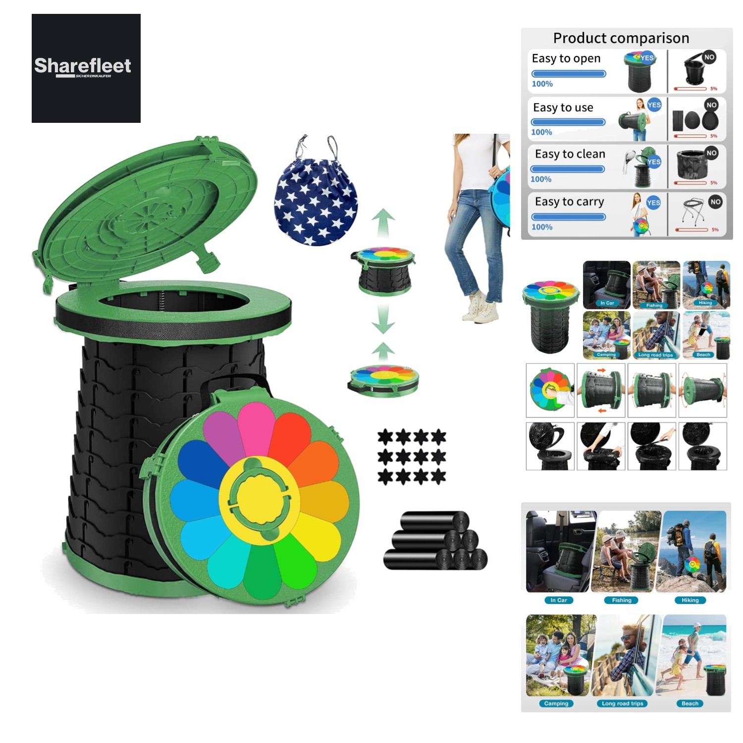 Foldable Camping Toilet, Mobile Toilet with Carry Bag and 7 Rubbish Bags, Carry…