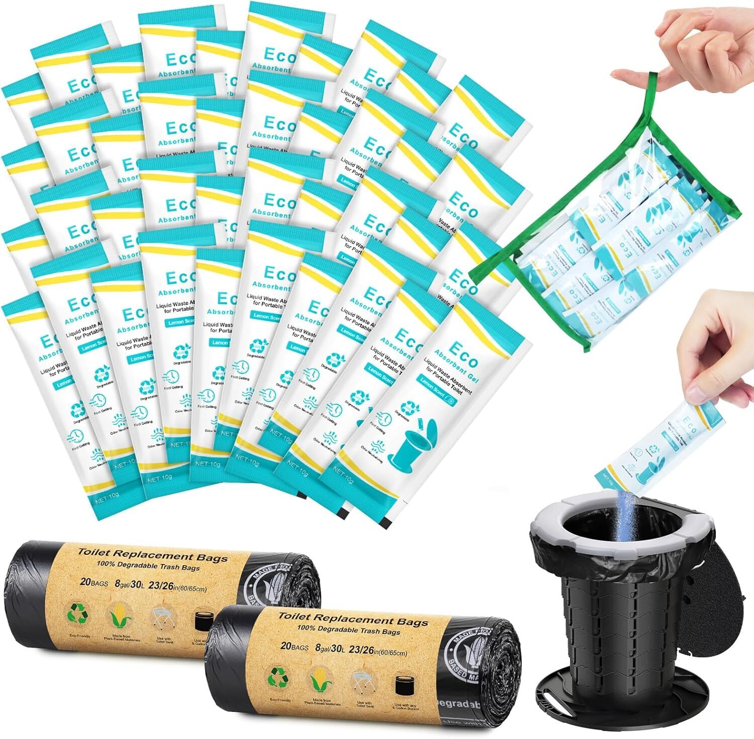 40Count Camping Toilet Bags Eco Absorbent Gel Set Toilet Bags with Toilet Powder